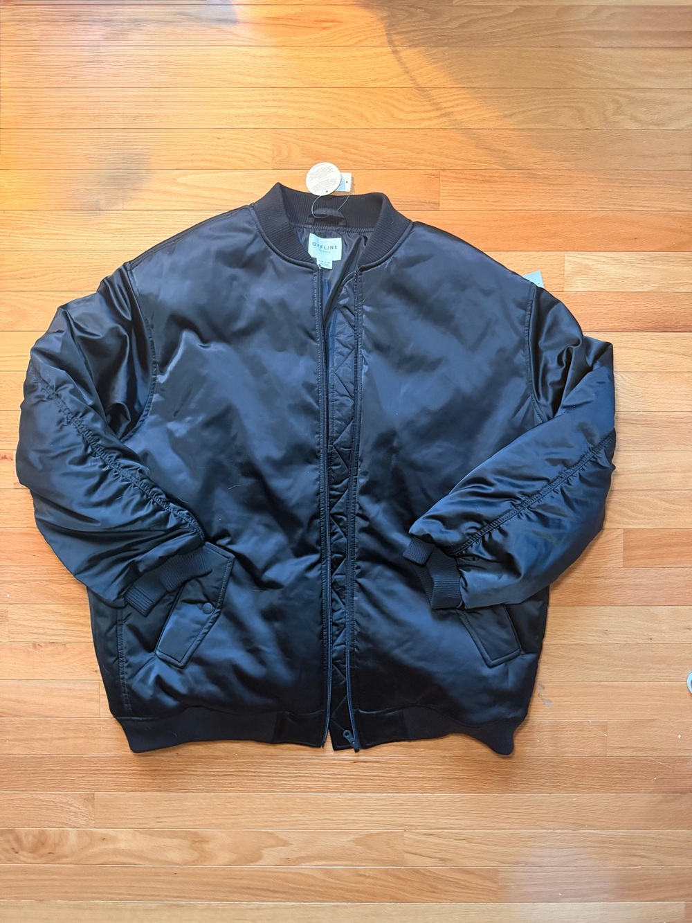 Offline Aerie Satin Black Bomber Jacket Coat NWT Size L/Xl Full Zip Pockets